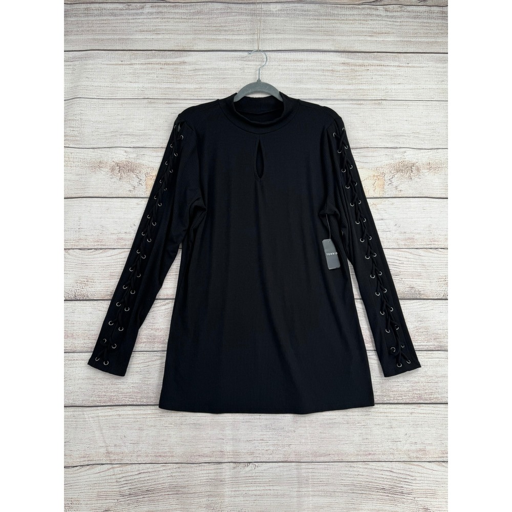 Torrid Long Sleeve Top Women Size 2X Black Lace Up Ribbed Keyhole Mock Neck